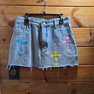 Trendy Denim Mini Skirt with Cross Patches M
